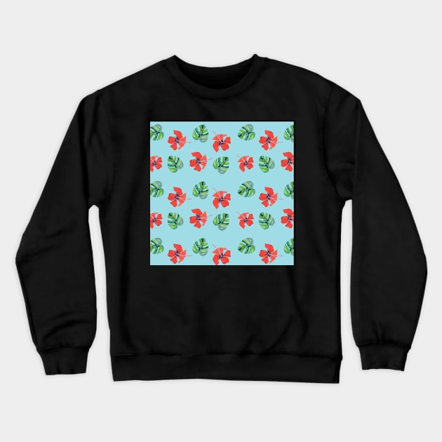 Red Hibiscus and Monstera Pattern with a blue background Crewneck Sweatshirt by Sandraartist